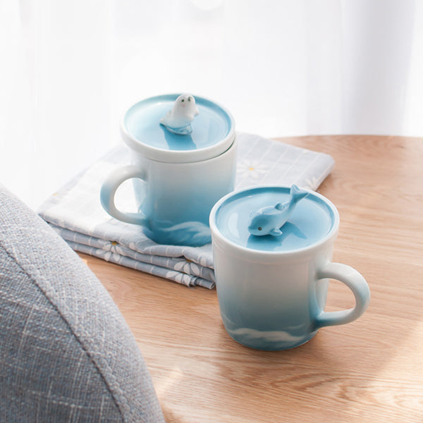 Japanese Ceramic Whale Mug - Four Styles Available - Playful Whale Lid Design - Ocean-Inspired