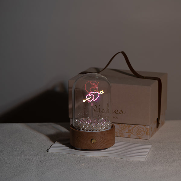 Bluetooth Speaker Lamp - Heart Design - Glass Dome - Beechwood Base - Romantic Atmosphere