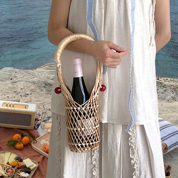 Wicker Wine Basket with Red Handle - Handcrafted Rattan and Metal Design