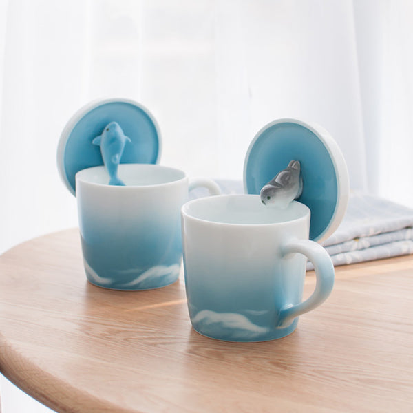 Japanese Ceramic Whale Mug - Four Styles Available - Playful Whale Lid Design - Ocean-Inspired