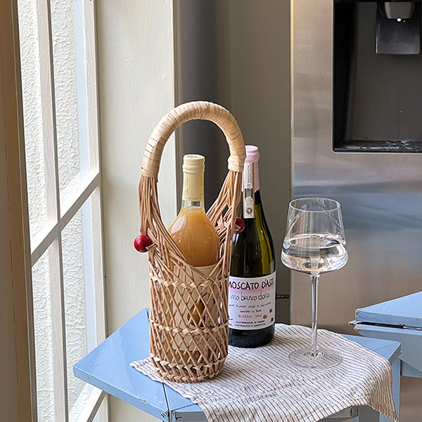 Wicker Wine Basket with Red Handle - Handcrafted Rattan and Metal Design