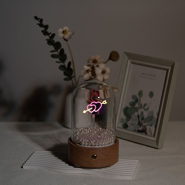 Bluetooth Speaker Lamp - Heart Design - Glass Dome - Beechwood Base - Romantic Atmosphere