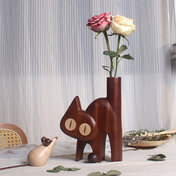 Fluffy Cat Wooden Vase – Artistic Solid Wood Flower Holder