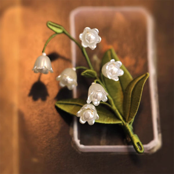 Lily of the Valley Brooch - Embroidered Floral Design - Faux Pearls and Green Leaves