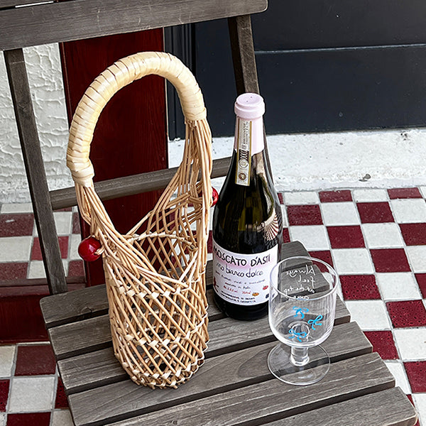 Wicker Wine Basket with Red Handle - Handcrafted Rattan and Metal Design