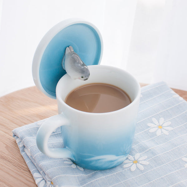 Japanese Ceramic Whale Mug - Four Styles Available - Playful Whale Lid Design - Ocean-Inspired