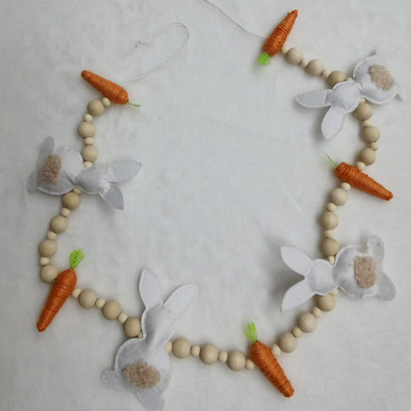 Easter Bunny Carrot and Egg Garland - Felt and Wood Bead Hanging Decoration for Spring and Holiday Decor