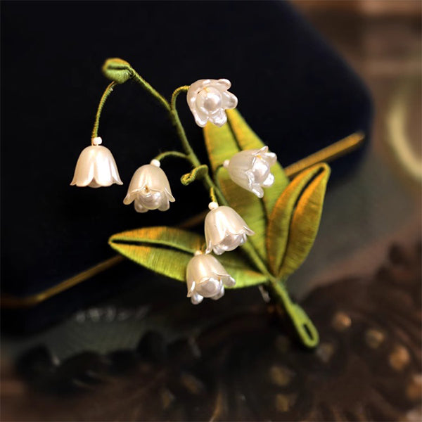 Lily of the Valley Brooch - Embroidered Floral Design - Faux Pearls and Green Leaves