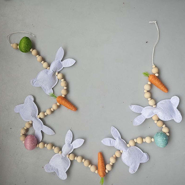 Easter Bunny Carrot and Egg Garland - Felt and Wood Bead Hanging Decoration for Spring and Holiday Decor