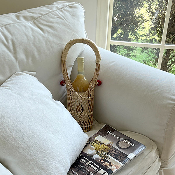 Wicker Wine Basket with Red Handle - Handcrafted Rattan and Metal Design