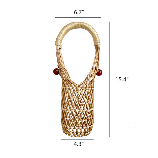 Wicker Wine Basket with Red Handle - Handcrafted Rattan and Metal Design
