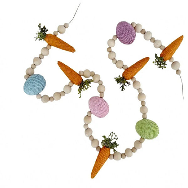 Easter Bunny Carrot and Egg Garland - Felt and Wood Bead Hanging Decoration for Spring and Holiday Decor