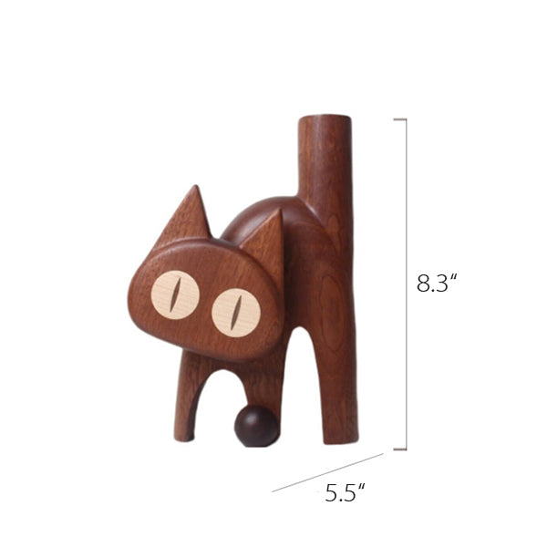 Fluffy Cat Wooden Vase – Artistic Solid Wood Flower Holder
