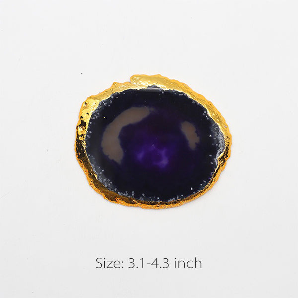 Natural Agate Coaster - Irregular Shape - Gold Trim - Blue - Purple - Green