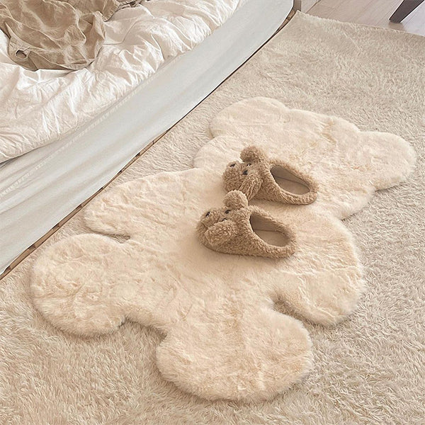 Cute Bear Shaped Rug - Fluffy Faux Rabbit Fur - Soft & Cozy - White Plush Carpet - Bedroom & Home Decor - Two Sizes Available
