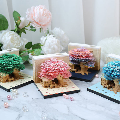 3D Note Paper Sculpture - Hand-Torn Paper Art - Treehouse and Garden Designs - LED Light Feature - Unique Decorative Piece