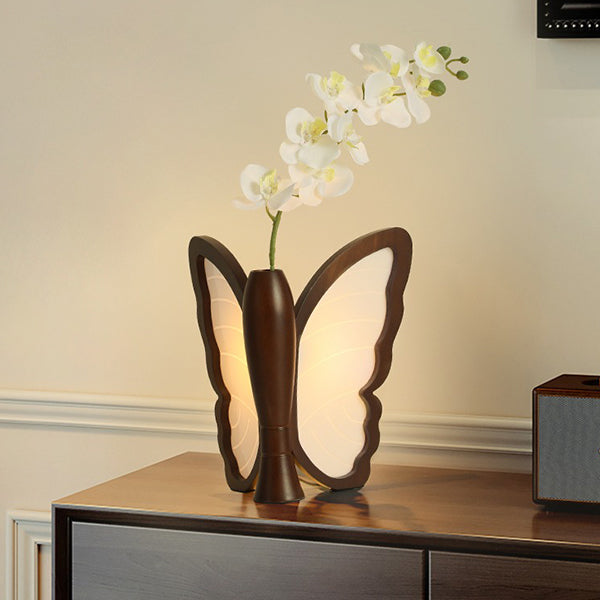 Vintage Butterfly Table Lamp - Walnut Wood & PC - Flower Vase Design - Soft Ambient Lighting - Elegant Home Décor