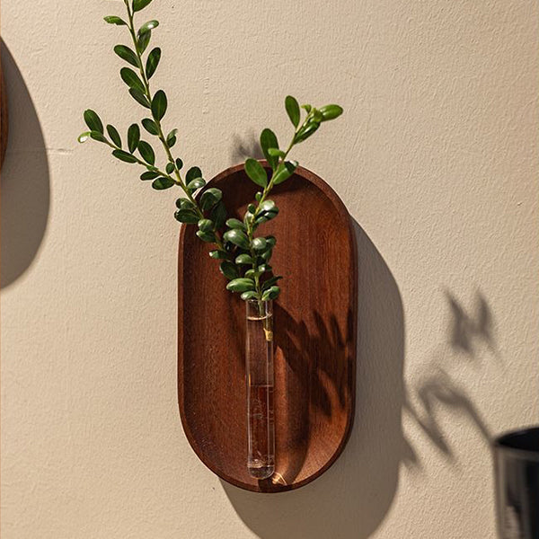 Wooden Wall-Mounted Test Tube Vase - Walnut Base & Glass Tube - Minimalist Zen Decor - Two Shapes & Sizes - Elegant Home Accent