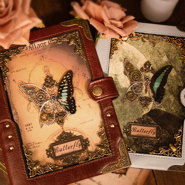Butterfly Embossed Notebook - Steampunk Design - Real Butterfly Specimen - Refillable - Black - Brown - White