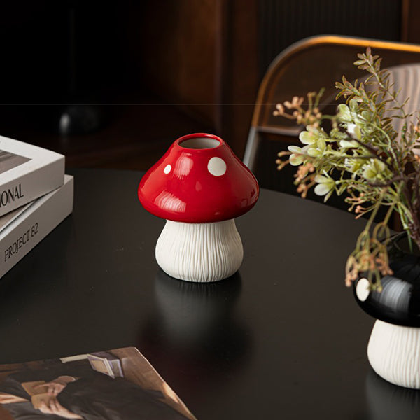 Ceramic Mushroom Vase - Whimsical Home Décor - Black & Red Colors - Hydroponic & Flower Friendly