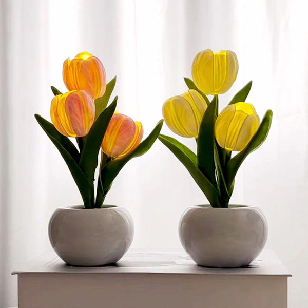 Tulip Night Light - White and Pink - Rechargeable - Three Brightness Levels - Touch-Sensitive Switch - Ceramic Base