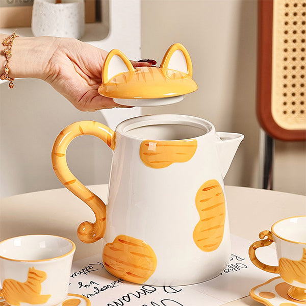 Cartoon Cat Ceramic Tea Set - Adorable Kettle with Ears - Two Teacups with Saucers - Orange - Black - Cute Gift Idea
