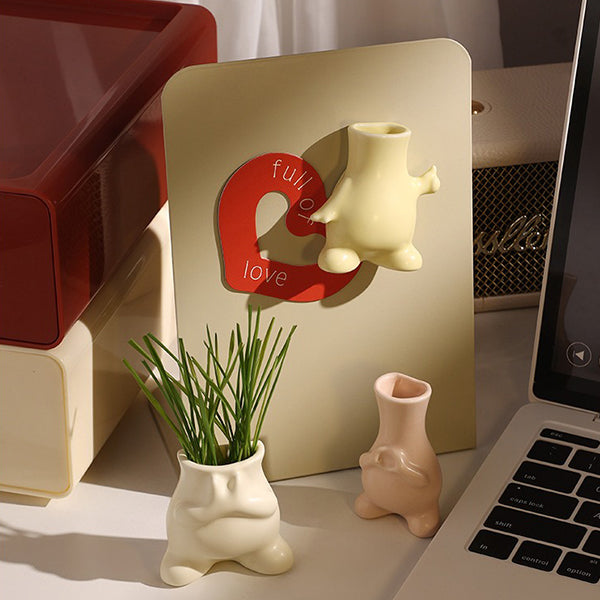 Cartoon Ceramic Mini Vase - Fridge Magnet - Cute Tiny Flower Holder - Decorative Ornament