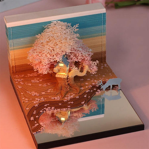 3D Floral Tree Note Paper Sculpture - Hand-Torn Paper Art - LED Light Feature - Unique Decorative Piece