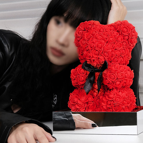 Rose Teddy Bear Figurine - Handcrafted with PE Material - Red, White, Pink - Acrylic Cover Protection - Valentine's Gift