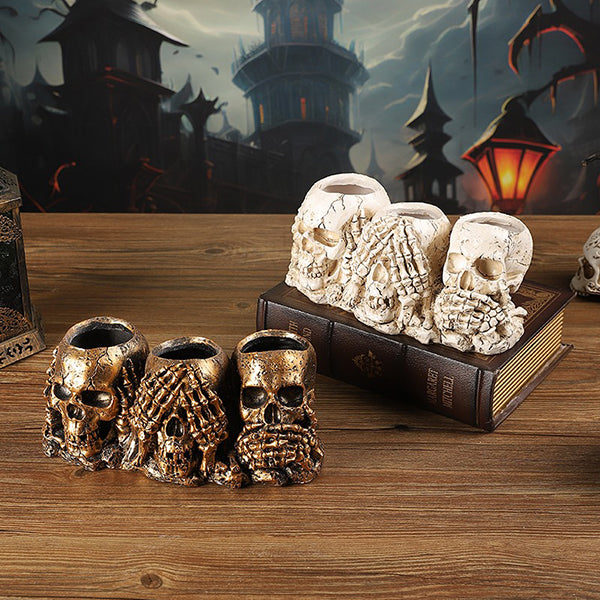 Skull Planters - Distressed White and Gold Resin Pots - Unique Gothic Home Decor