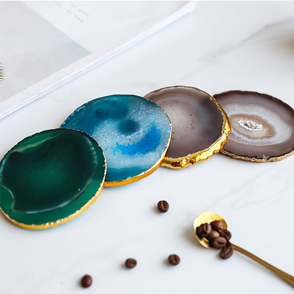 Natural Agate Coaster - Irregular Shape - Gold Trim - Blue - Purple - Green