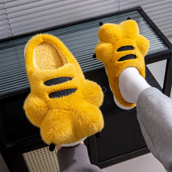Plush Tiger Paw Slippers - Fuzzy Winter Comfort - Unisex Design - Brown - Yellow - White