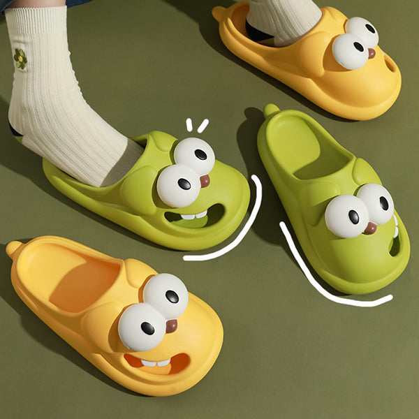 Funny Dog Face Slippers - Big Eyes Design - Tongue-Out Foot Style - Green - Pink - Yellow