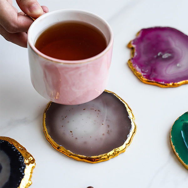 Natural Agate Coaster - Irregular Shape - Gold Trim - Blue - Purple - Green