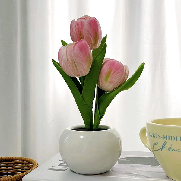 Tulip Night Light - White and Pink - Rechargeable - Three Brightness Levels - Touch-Sensitive Switch - Ceramic Base
