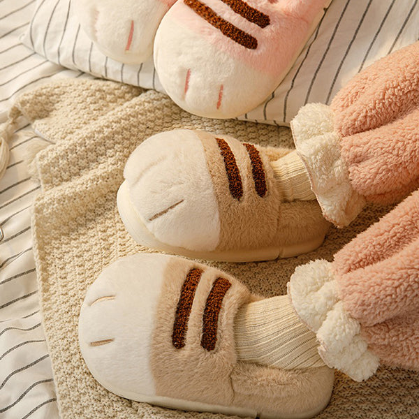 Plush Cat Paw Slippers - Closed Heel Design - Unisex Wear - Pink - Khaki - Six Size Options