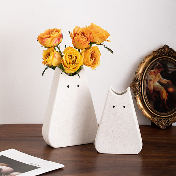 Cute Cat Ceramic Vase - Black White & Pink - Two Sizes - Hydroponic & Fresh Flowers - Decorative Home Accent