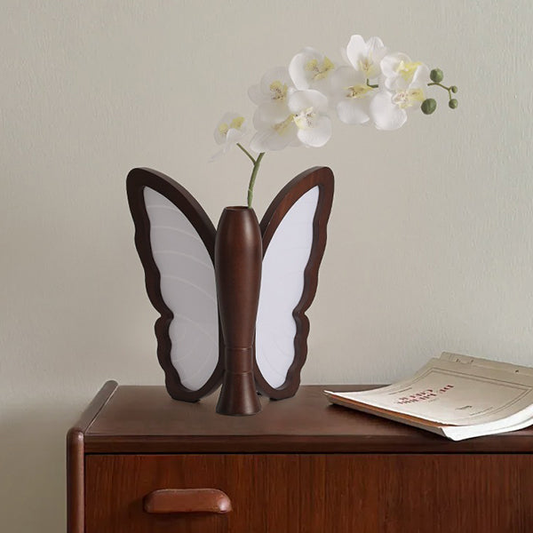 Vintage Butterfly Table Lamp - Walnut Wood & PC - Flower Vase Design - Soft Ambient Lighting - Elegant Home Décor