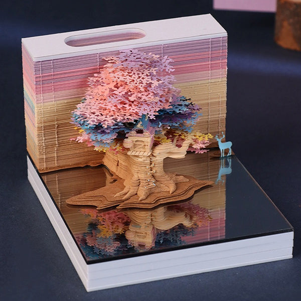 3D Floral Tree Note Paper Sculpture - Hand-Torn Paper Art - LED Light Feature - Unique Decorative Piece