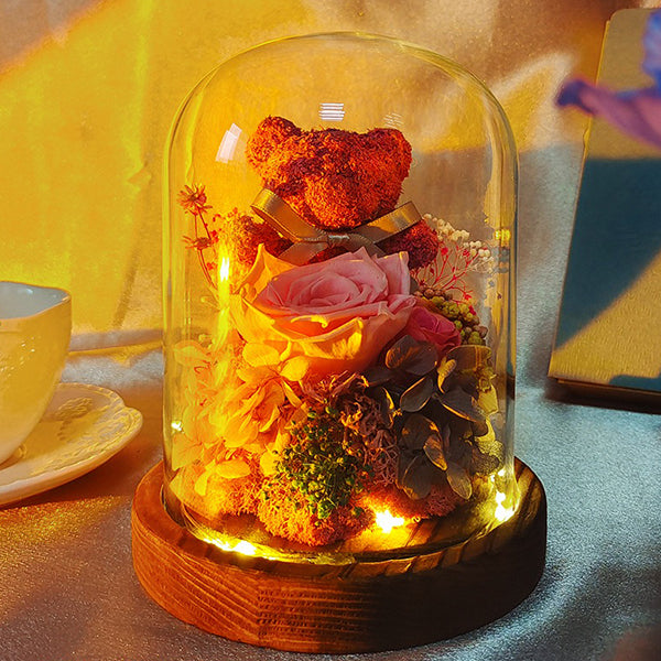 Moss Bear Preserved Flower Glass Dome - Everlasting Roses - Red - Pink - Purple - Blue - Valentine’s Gift