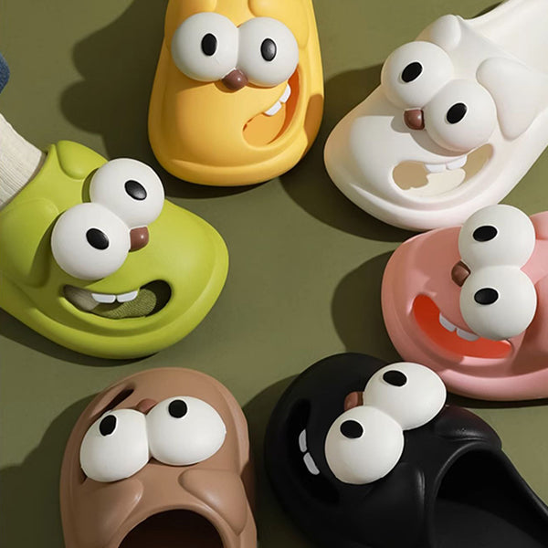 Funny Dog Face Slippers - Big Eyes Design - Tongue-Out Foot Style - Green - Pink - Yellow