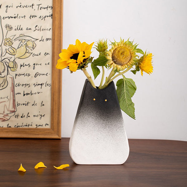 Cute Cat Ceramic Vase - Black White & Pink - Two Sizes - Hydroponic & Fresh Flowers - Decorative Home Accent