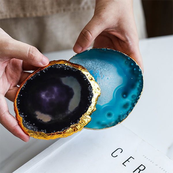 Natural Agate Coaster - Irregular Shape - Gold Trim - Blue - Purple - Green