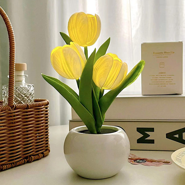 Tulip Night Light - White and Pink - Rechargeable - Three Brightness Levels - Touch-Sensitive Switch - Ceramic Base
