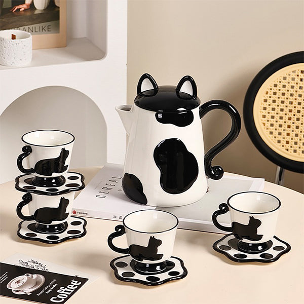 Cartoon Cat Ceramic Tea Set - Adorable Kettle with Ears - Two Teacups with Saucers - Orange - Black - Cute Gift Idea