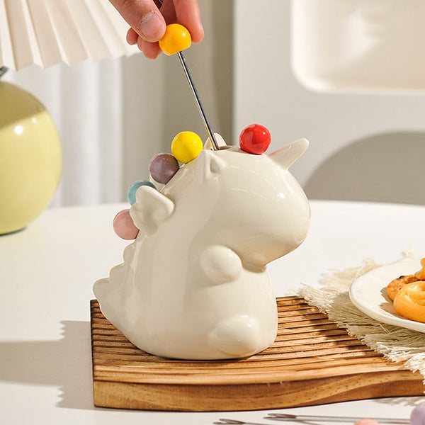 Unicorn Fruit Fork Set - Ceramic Holder - 6 Forks Included - Cute Table Decor - Pink - Green - White - Yellow