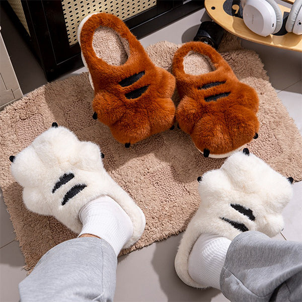 Plush Tiger Paw Slippers - Fuzzy Winter Comfort - Unisex Design - Brown - Yellow - White