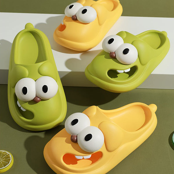 Funny Dog Face Slippers - Big Eyes Design - Tongue-Out Foot Style - Green - Pink - Yellow