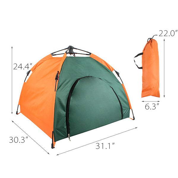 Outdoor Pet Tent - Waterproof Polyester Fabric - One-Pull Quick Setup - Spacious Design with Ground Mat - Orange and Green