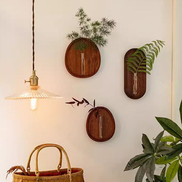 Wooden Wall-Mounted Test Tube Vase - Walnut Base & Glass Tube - Minimalist Zen Decor - Two Shapes & Sizes - Elegant Home Accent
